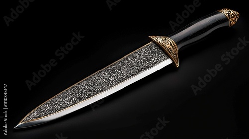 A shiny metal dagger with intricate, decorative engravings photo