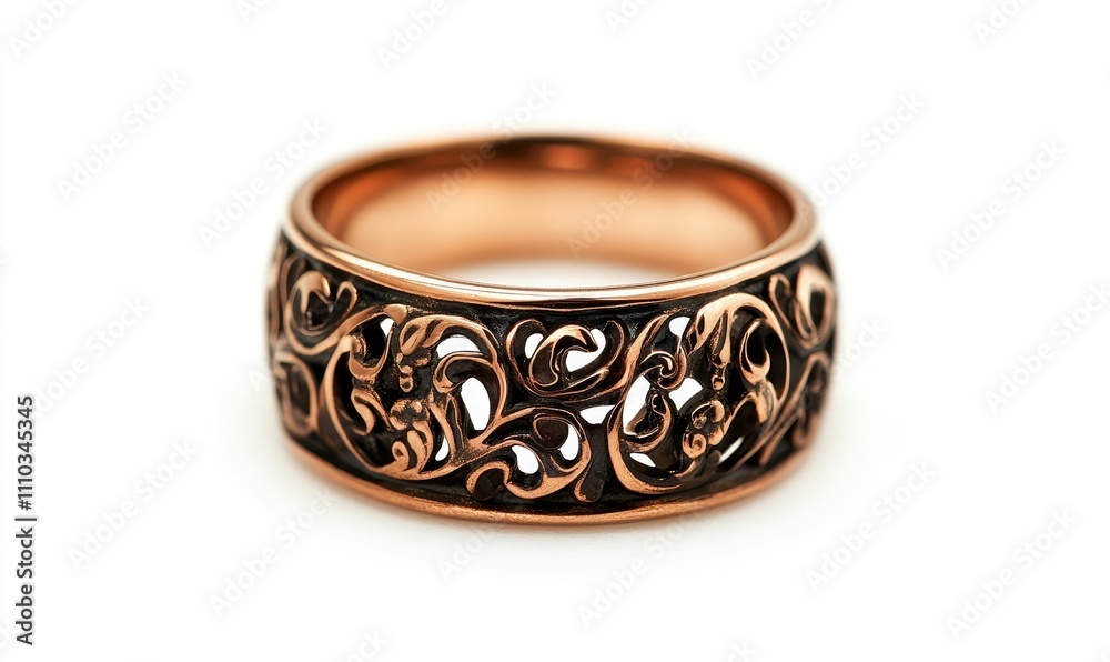 Copper ring, ornate filigree, white background. Copper ring, ornate filigree, white background.
