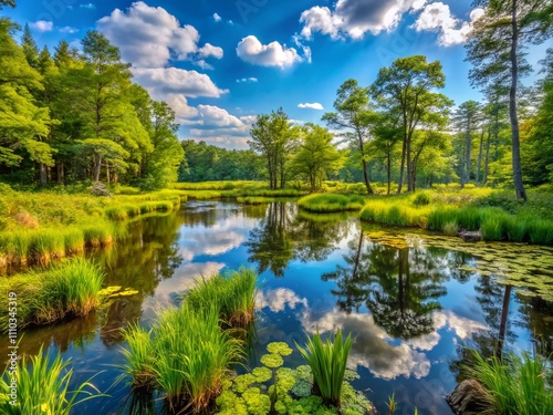 Lush Forested Wetland Area Showcasing Diverse Flora and Fauna, Highlighting the Importance of Wetland Restoration and Integration with Surrounding Forest Ecosystems