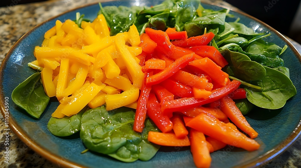 A healthy vegan salad served on a rustic plate with a variety of fresh vegetables, including bell peppers, carrots, and spinach 