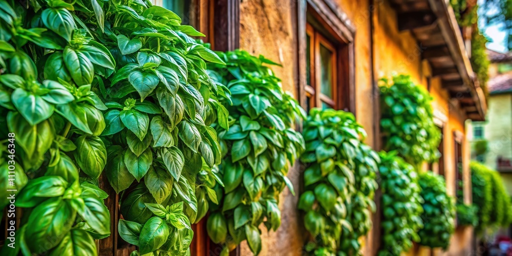 Obraz premium Lush Vertical Wall of Fresh Basil at a Ligurian Restaurant in Italy Showcasing Nature's Beauty and Vibrant Greenery for Stunning Landscape Photography