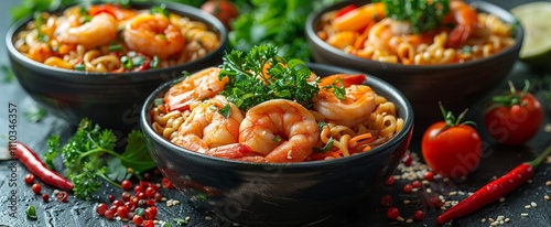 Instant Ramen Noodles in Spicy Tom Yum Kung Shrimp Soup Asian Style Food copy space for text