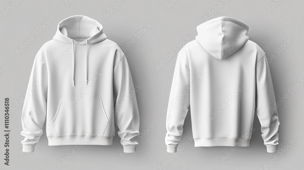 Front and back views of a white hoodie mock-up isolated on a neutral background Front and back views of a white hoodie mock-up isolated on a neutral background