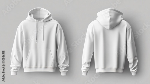 Front and back views of a white hoodie mock-up isolated on a neutral background