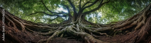 High resolution+fantasy spectacular forest with sky-reaching roots photo