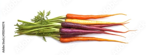 A bundle of vibrant rainbow carrots with tops, isolated white background, abstract art style photo