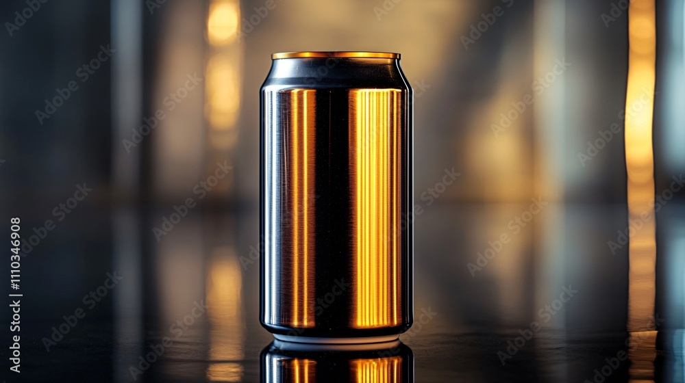 Beverage can mock-up standing on a matte black surface with reflective lighting effects Beverage can mock-up standing on a matte black surface with reflective lighting effects