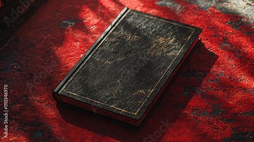 Cinematic mock-up of an antique book cover on a red textured surface
