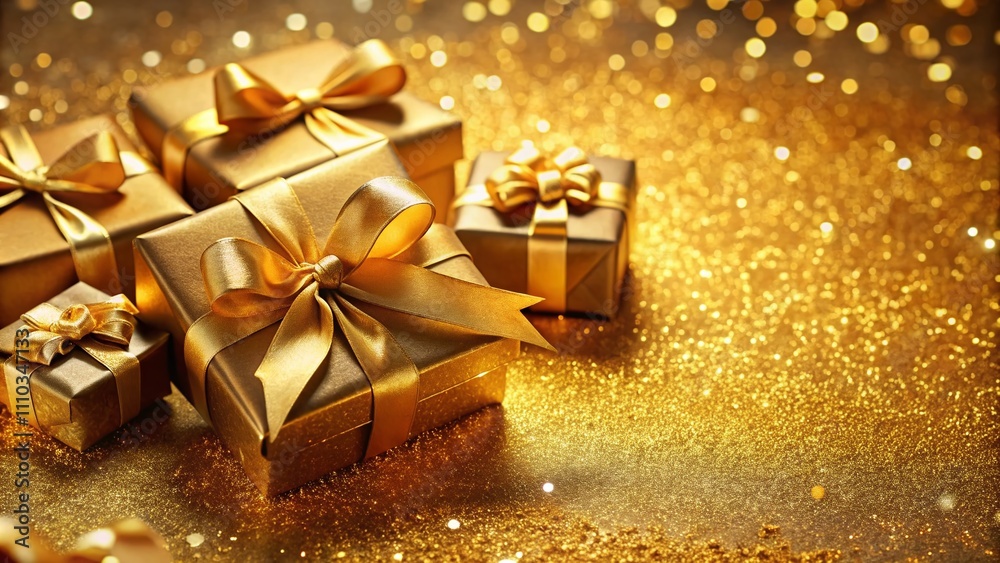 Luxurious Holiday Background in Golden Hues with Gift Boxes and Bows, Flat Lay Top View, Perfect for Celebrating Special Occasions and Festive Moments, Ideal Copy Space