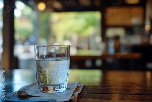 A glass of water sitting on top of a wooden table.