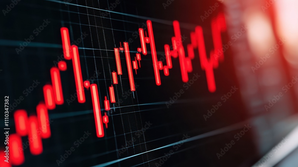 A close-up view of a digital stock market chart displaying fluctuating red candlestick patterns, indicating a downward trend in prices. A close-up view of a digital stock market chart displaying fluctuating red candlestick patterns, indicating a downward trend in prices.