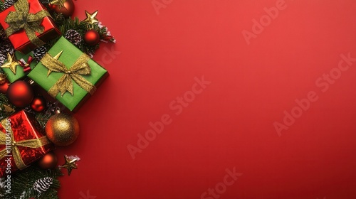 Merry Christmas Festive Background with Presents and Ornaments on Red