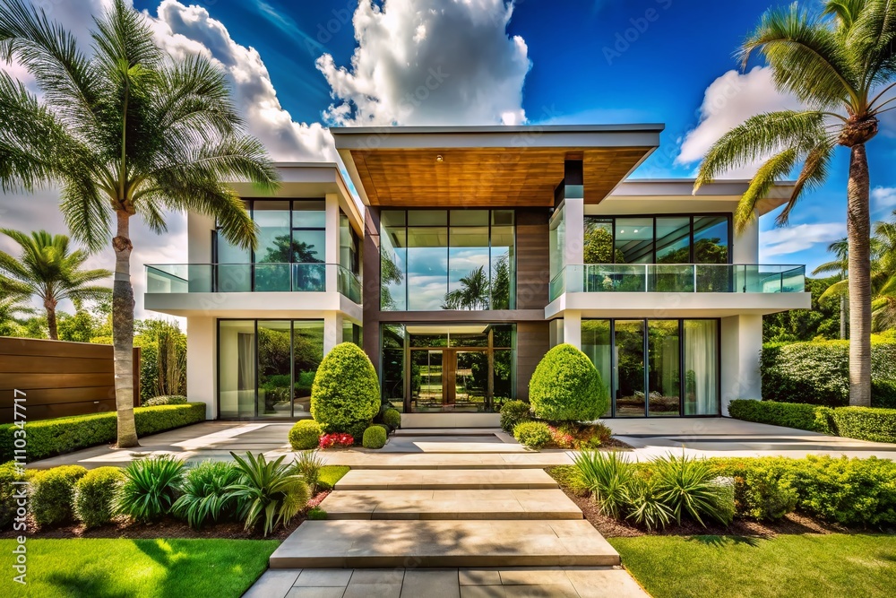 Naklejka premium Luxury Modern Entrance Architecture of a House in Florida City Island Featuring Expansive Glass Windows, Lush Garden Landscaping, and a Bright Sunny Day Atmosphere for Travel Enthusiasts