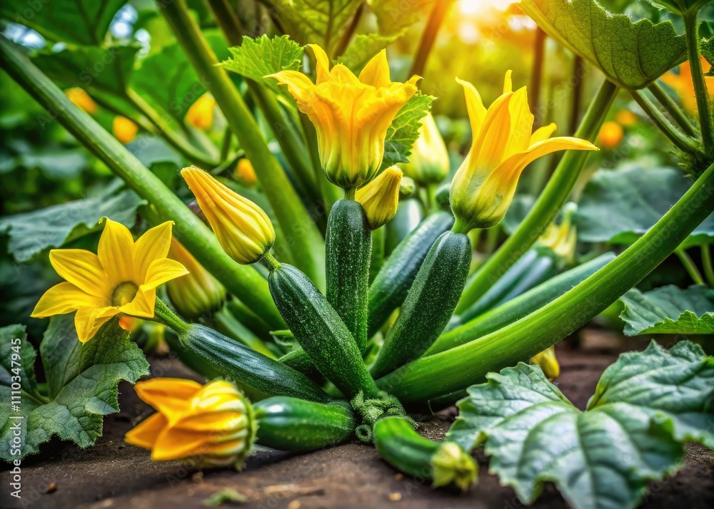 Lush Zucchini Plant in the Garden - Vibrant Green Leaves, Yellow Blossoms, and Plump Vegetables in a Sunlit Organic Vegetable Patch, Showcasing Nature's Bounty in High Depth of Field