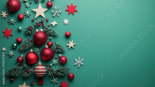Merry Christmas Festive Holiday Decorations Green Background Red Ornaments Winter Season Celebration Xmas Tree Festive Design