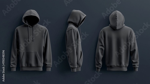 Charcoal hoodie displayed in front, side, and back views on a mock up