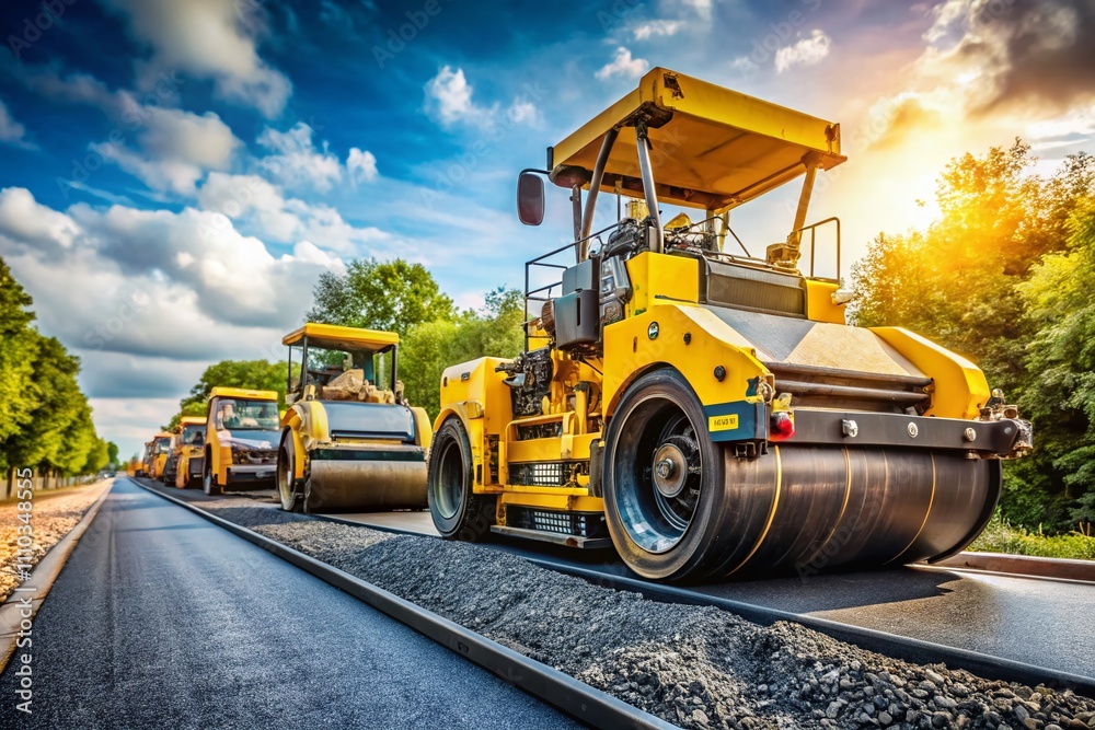 Macro Photography of Heavy Roller and Paver Machine Laying Hot Asphalt on Road Repair Project, Showcasing Yellow Construction Equipment in Action, Focus on Bitumen Application Macro Photography of Heavy Roller and Paver Machine Laying Hot Asphalt on Road Repair Project, Showcasing Yellow Construction Equipment in Action, Focus on Bitumen Application