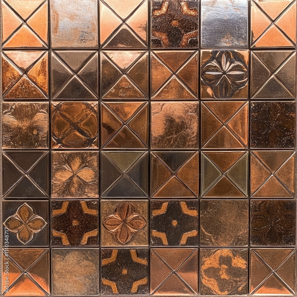 Fototapeta premium Metallic tile mosaic, geometric and floral patterns.