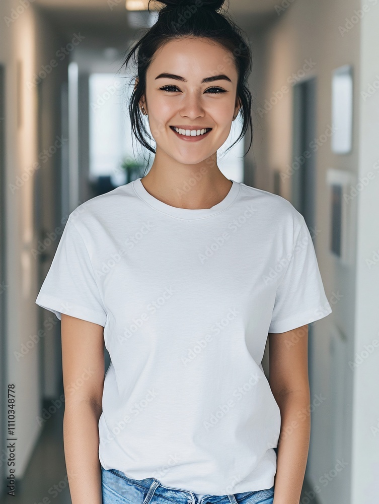 Realistic mockup of a smiling woman wearing a plain white t-shirt in a modern hallway Realistic mockup of a smiling woman wearing a plain white t-shirt in a modern hallway