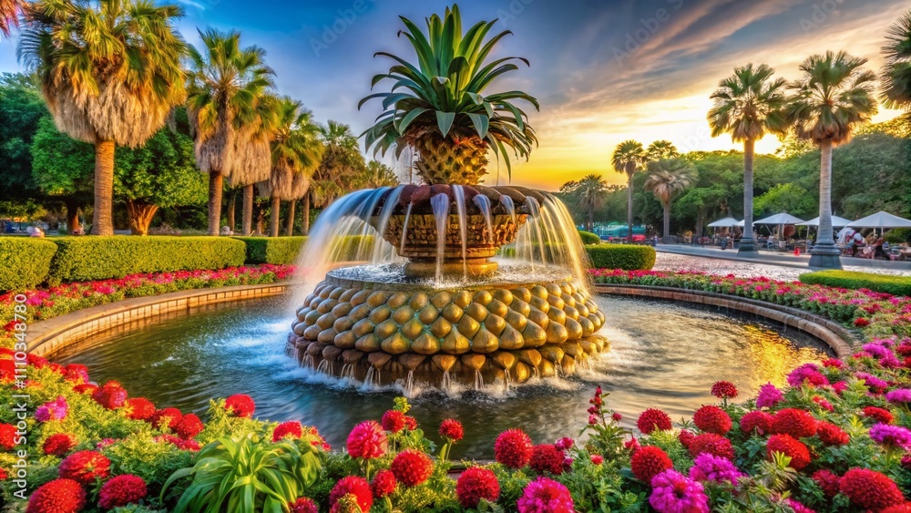 Obraz premium Macro Photography of the Ananas Fountain in a Park at the Charleston Harbor, South Carolina, Showcasing Intricate Details and Vibrant Surroundings in a Lush Green Setting