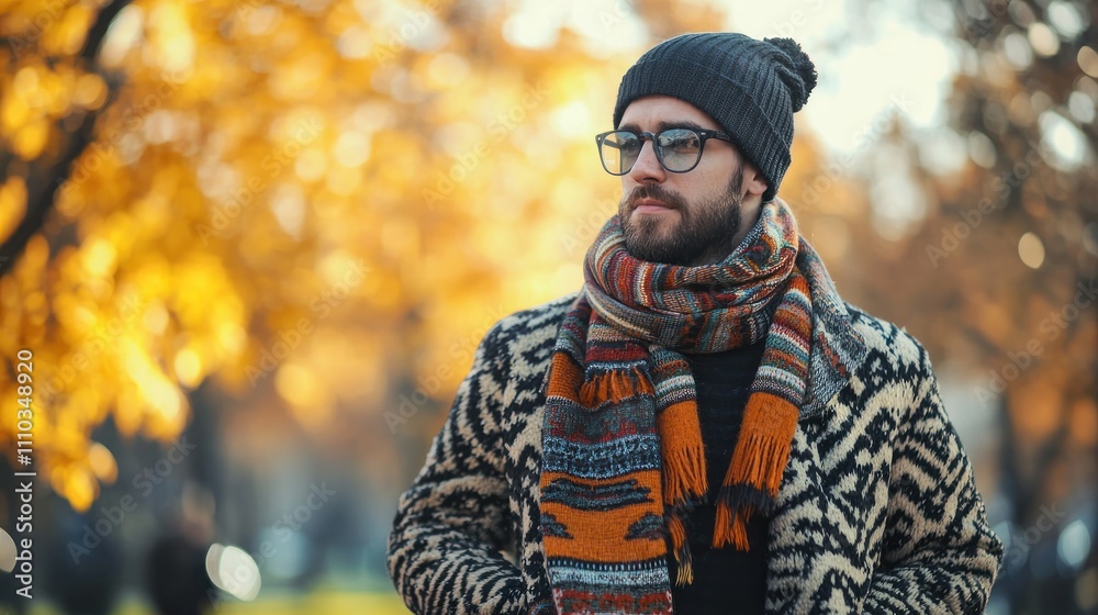 A man wearing a modern winter coat with bold geometric patterns, accessorized with a scarf and beanie, showcasing trendy winter fashion in the park. A man wearing a modern winter coat with bold geometric patterns, accessorized with a scarf and beanie, showcasing trendy winter fashion in the park.