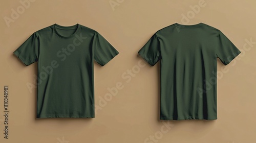 Front and back views of a forest green T-shirt mockup isolated on a beige background