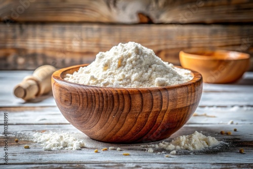 Rustic Wooden Bowl with Finely Milled Flour on White Background - Perfect for Baking, Culinary, and Food Photography