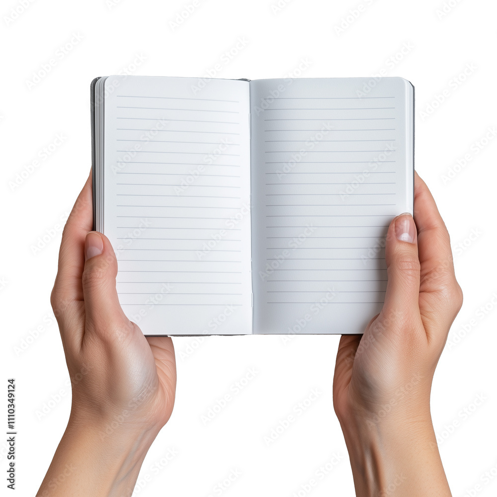 Obraz premium Open notebook held by hands with transparent background for creative design
