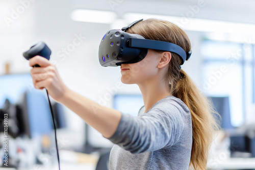 VR user explores an interactive virtual world in a bright, modern workspace, highlighting innovation and immersive technology
