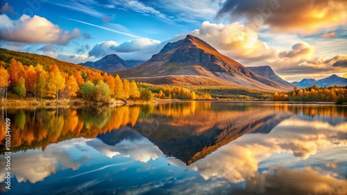 Majestic Autumn Reflections: Nieras Mountain and Lulealven Dam in Stora Sjofallet National Park, Sweden, Capturing Early Morning Serenity and Vibrant Colors in a Remote Arctic Landscape photo