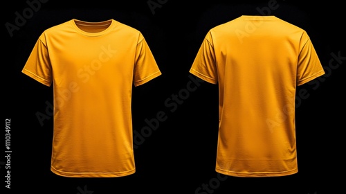 Front and back views of a golden yellow t-shirt on mock up isolated background