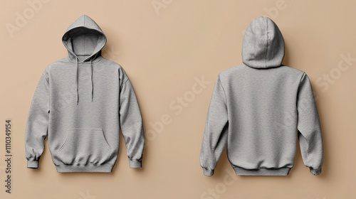 Heather gray hoodie mock-up displayed from front and back views on a neutral backdrop photo