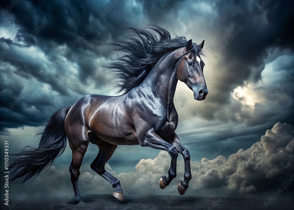 Majestic Black Stallion Portrait Amidst Dramatic Stormy Skies, Showcasing Equine Beauty and Elegance with a Touch of Nature’s Raw Power Majestic Black Stallion Portrait Amidst Dramatic Stormy Skies, Showcasing Equine Beauty and Elegance with a Touch of Nature’s Raw Power