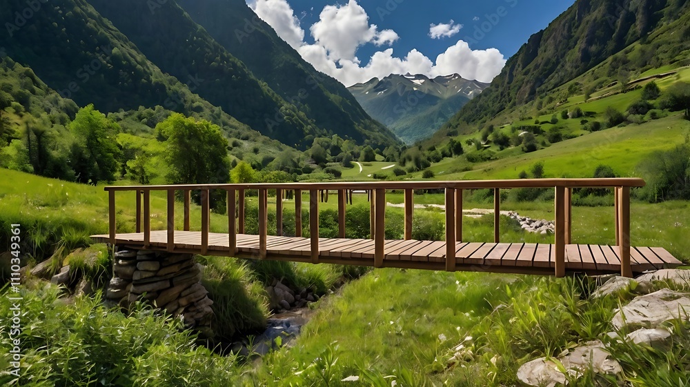Scenic wooden bridge in a lush green mountainous landscape. Scenic wooden bridge in a lush green mountainous landscape.