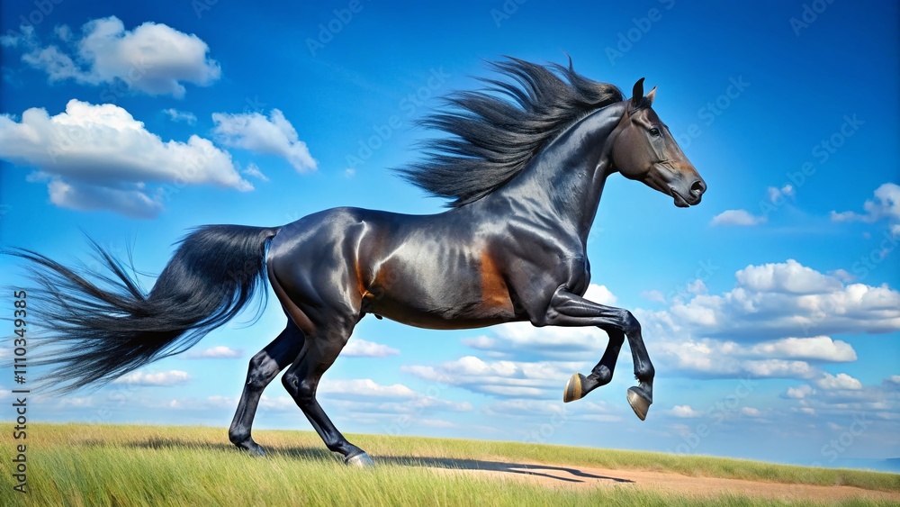 Majestic black horse mid-trot against a clean blue sky, showcasing its strength and elegance in a panoramic view with ample copyspace for text and branding purposes. Majestic black horse mid-trot against a clean blue sky, showcasing its strength and elegance in a panoramic view with ample copyspace for text and branding purposes.