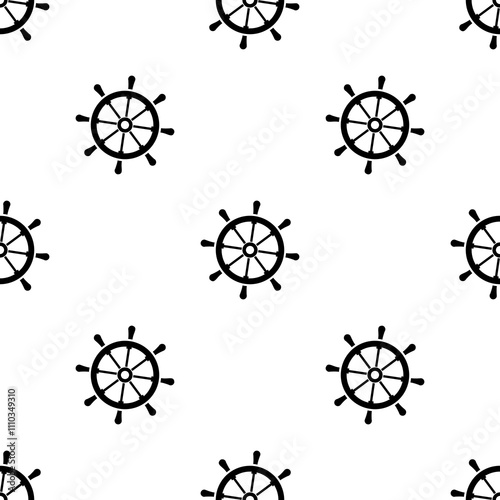 Boat steering wheel seamless pattern. Ship rudder, black silhouettes on white background, seamless sea travel pattern, flat style design. Nautical elements, monochrome texture.
