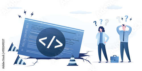 Browser with coding fell into a pit. Website error, web page crash. Error in coding and programming of site or app. API, application programming interface