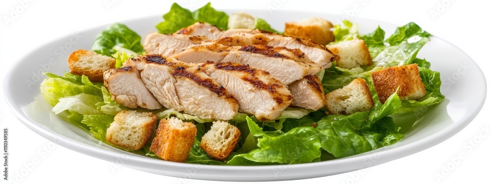 A classic Caesar salad with grilled chicken and croutons, isolated white background, cubism art style A classic Caesar salad with grilled chicken and croutons, isolated white background, cubism art style