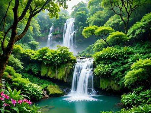 Stunning scenery with waterfalls flowing into a calm river, surrounded by trees and flowers, creates a tropical atmosphere enhanced by mist.