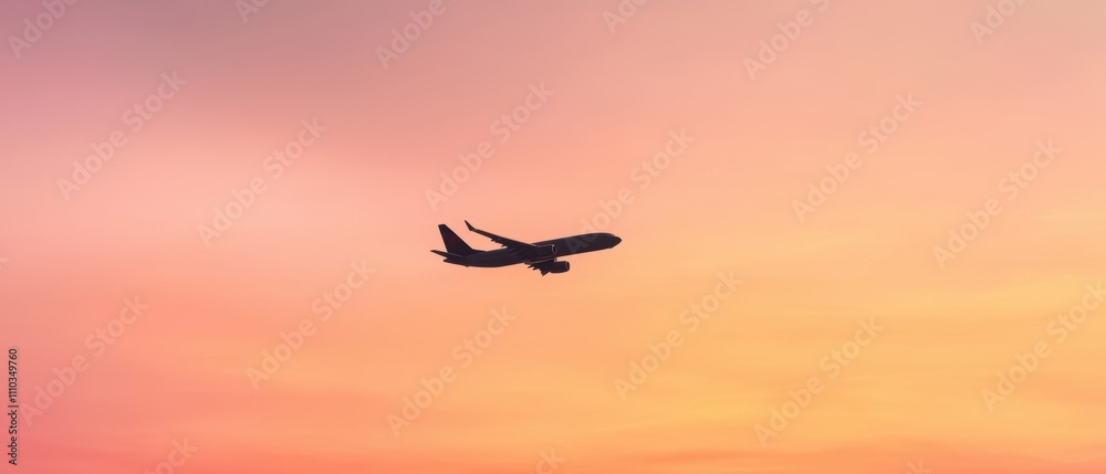Fototapeta premium Airplane flying against vibrant sunset sky with colorful hues creating a stunning backdrop of travel and exploration