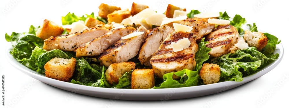 A classic Caesar salad with grilled chicken strips and Parmesan shavings, isolated white background, realistic art style A classic Caesar salad with grilled chicken strips and Parmesan shavings, isolated white background, realistic art style
