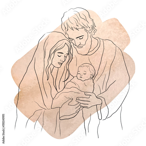 Vector freehand Christmas line art scene is an artistic depiction of the Nativity of Christ, including Mary, Joseph and the baby Jesus, highlighted on a white background. Hand drawn of linear style