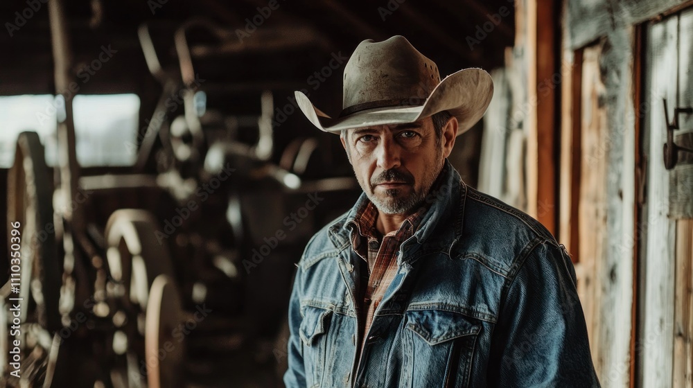 A man in a cowboy hat, denim jacket, and boots, standing in a barn with rustic farming equipment in the background. A man in a cowboy hat, denim jacket, and boots, standing in a barn with rustic farming equipment in the background.