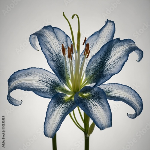 An x-ray image of a lily flower, showcasing its delicate petals, stem, and internal structures. 