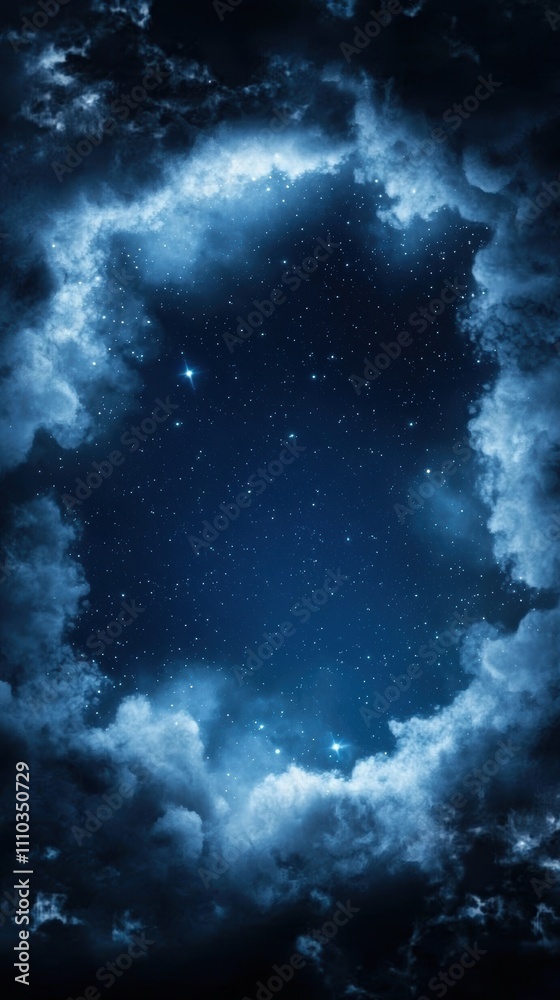 Fototapeta premium Mystical Night Sky with Starry Background Framed by Clouds and Deep Blue Space for Celestial and Cosmic Themes