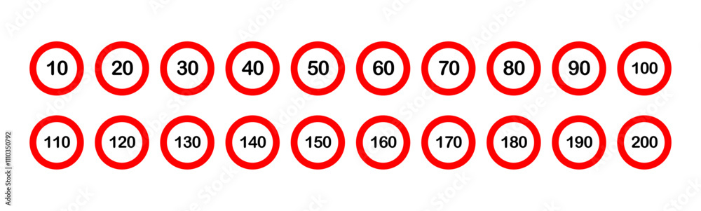 Speed limit icon set for 10, 20, 30, 40, 50, 60, 70, 80, 90, 100, 110, 120, 130, 140, 150, 160, 170, 180, 190 and 200 kilometer per hour vector isolated on white background. Speed limit icon set for 10, 20, 30, 40, 50, 60, 70, 80, 90, 100, 110, 120, 130, 140, 150, 160, 170, 180, 190 and 200 kilometer per hour vector isolated on white background.