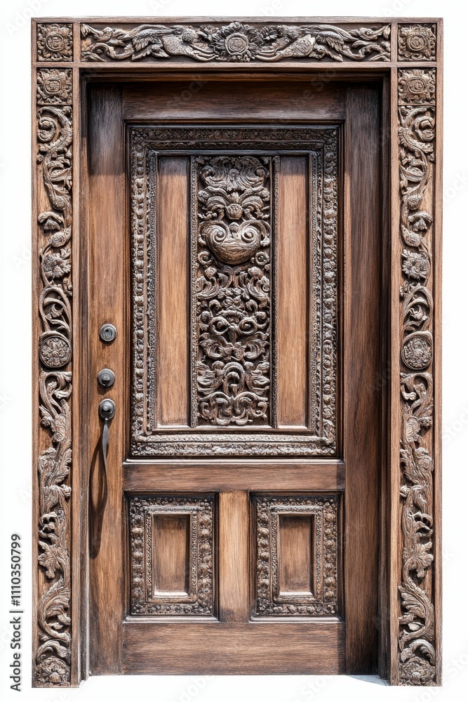 Obraz premium Ornate wooden door, deeply carved, detailed frame.