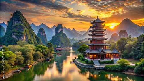 Majestic Panoramic View of Ancient Chinese Pagodas Surrounded by Lush Green Mountains and Serene Waterways at Sunset, Capturing the Essence of Traditional Architecture