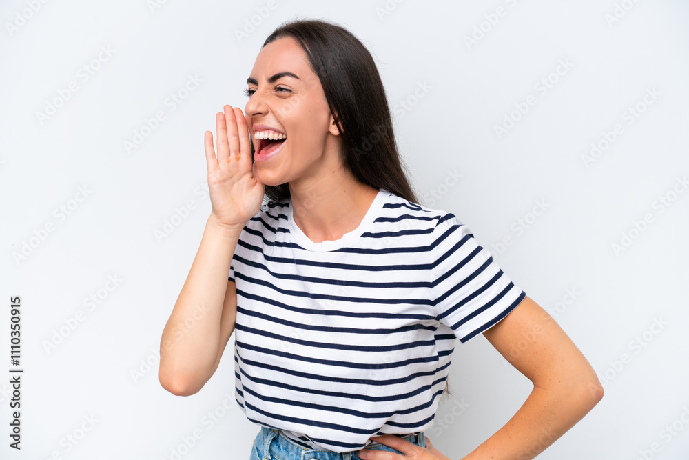 Young caucasian woman isolated on white background shouting with mouth wide open to the side Young caucasian woman isolated on white background shouting with mouth wide open to the side