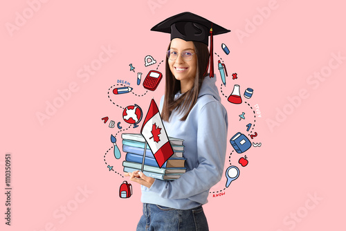 Female graduating student with flag of Canada, books and drawn stationery on ...